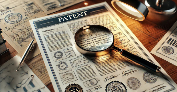 A patent document being viewed under a microscope