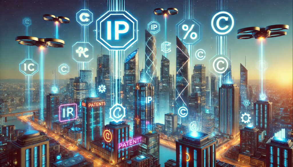 A futuristic cityscape with various IP symbols integrated into the buildings, representing the importance of IP in the business world