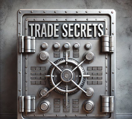 A locked vault with the word trade secrets on top to convey protected trade secrets is inside. 