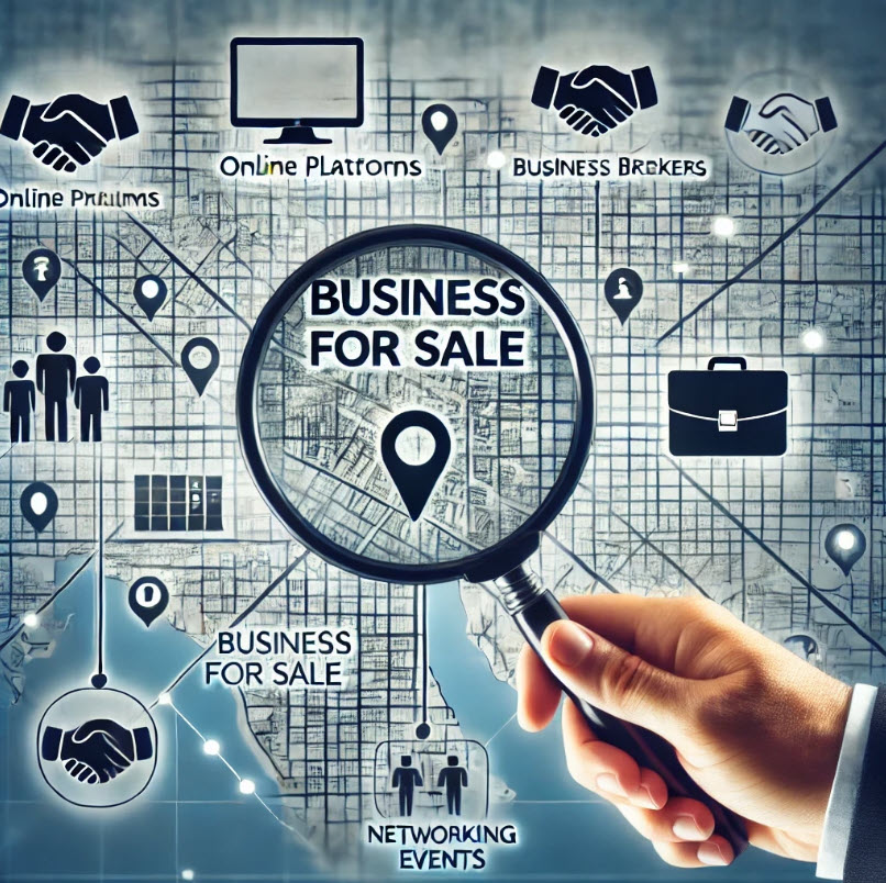 Magnifying glass hovering over a business map looking for businesses to buy