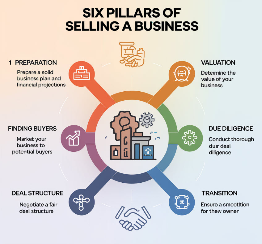 This image shows a summary of the business process through six pillars.